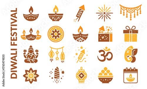 Abstract Diwali and Pooja Line Art Icons. Auspicious Hindu Ceremony Vector Collection.