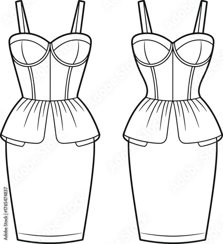 Women’s corset peplum bodycon midi dress flat sketch, bustier fitted fashion CAD template, sleeveless technical drawing vector design