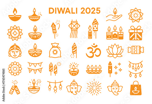Indian Festival Icons: Diwali and Cultural Elements Vector Set.