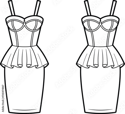 Women’s peplum bodycon dress flat sketch, bustier corset midi dress CAD, sleeveless fitted fashion vector technical drawing