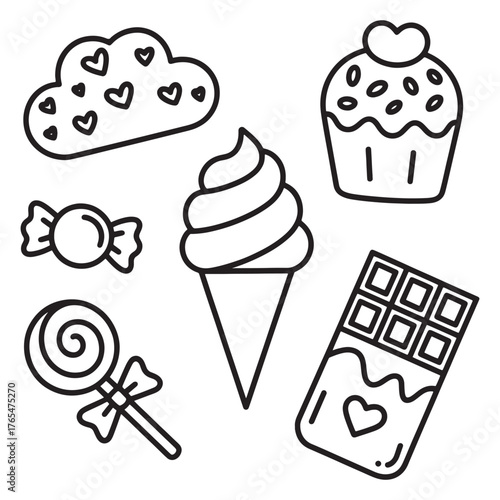 Sweet dessert outline drawing vector set for coloring page design