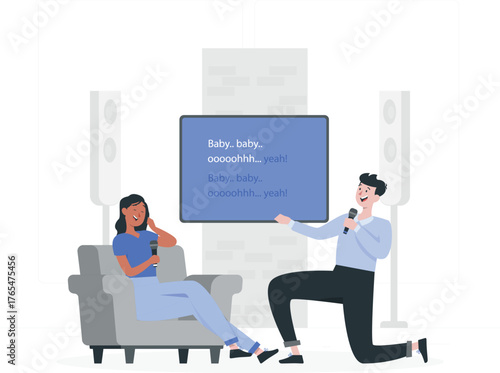 Couple singing karaoke at home with large screen and speakers music entertainment