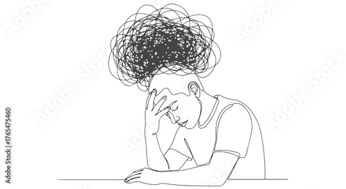 Continuous one-line illustration of a person grappling with overwhelming thoughts and anxiety, depicting mental confusion and stress