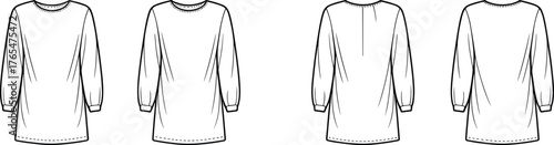 Women’s long sleeve blouse flat sketch, crew neck tunic top CAD, gathered cuff shirt fashion vector technical drawing template