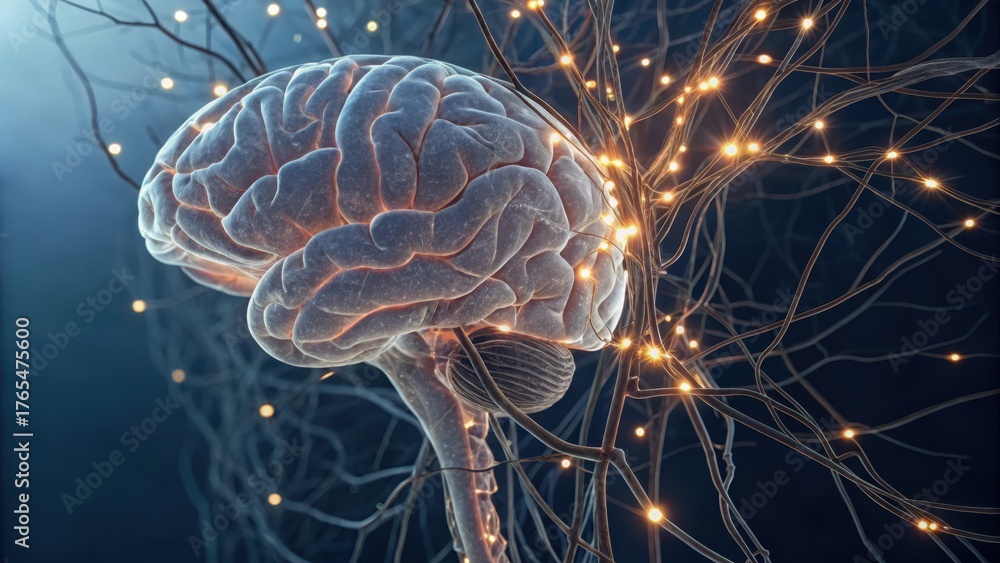 Fototapeta premium behavioral neuroscience Neural pathways illuminated in a stylized brain illustration, showcasing connectivity and cognitive function.