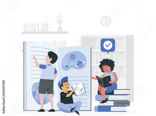 Children reading books in a library setting with bookshelves and planets education