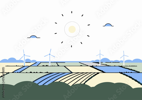 Idyllic Farm Landscape with Wind Turbines Under Bright Sun