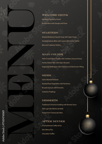 Elegant Christmas or New Years menu design with glittery baubles