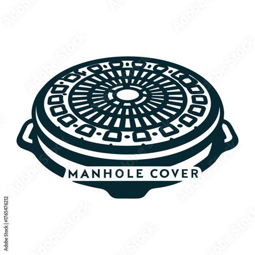 Manhole Cover Illustration, Detailed Design A rust red manhole cover sits flush on a burnt orange surface