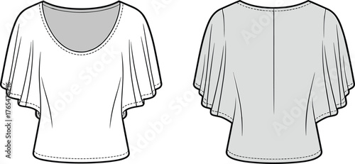 Women’s scoop neck flutter sleeve top flat sketch, short flared sleeve blouse CAD, fashion technical drawing template vector