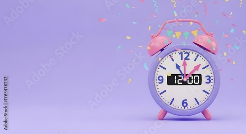 It is noon, time for celebration. The party never ends as confetti falls around the stylish clock.
