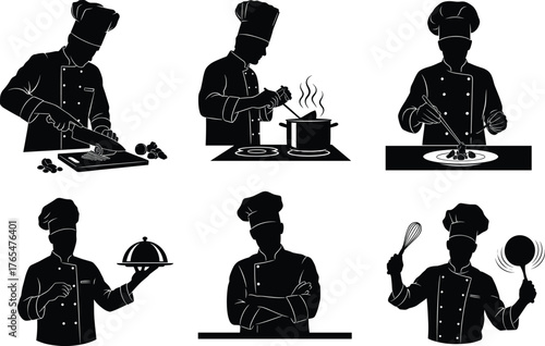 Chef silhouette vector with cooking poses, kitchen tools, food plating, confident chef stance, culinary art, black and white illustration