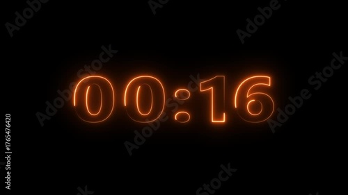Neon 21 seconds countdown number animation. Countdown timer  animation from 21 to 0 seconds on black background.