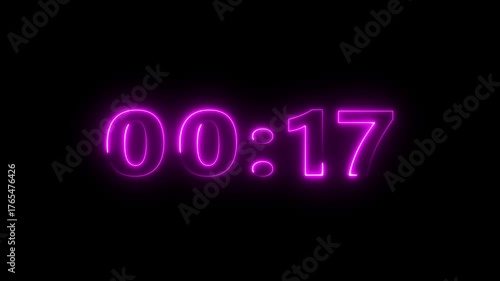 Neon 22 seconds countdown number animation. Countdown timer  animation from 22 to 0 seconds on black background.