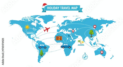 Global journey planning illustration showcasing festive vacation routes and worldwide destination exploration