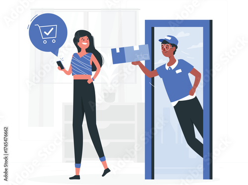 Woman receiving package from delivery person at door with shopping cart icon on phone shipping