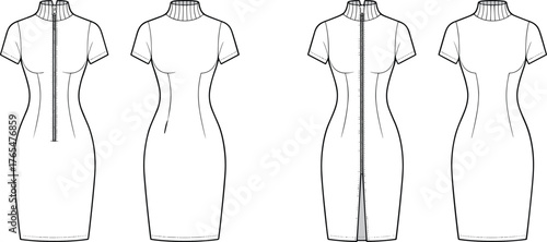 Women’s fitted mock neck zip dress flat sketch, short sleeve bodycon dress CAD, technical fashion vector template illustration