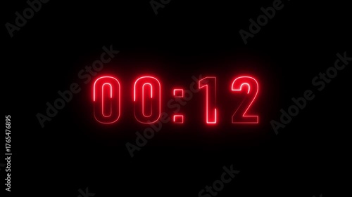 Neon 17 seconds countdown number animation. Countdown timer  animation from 17 to 0 seconds on black background.