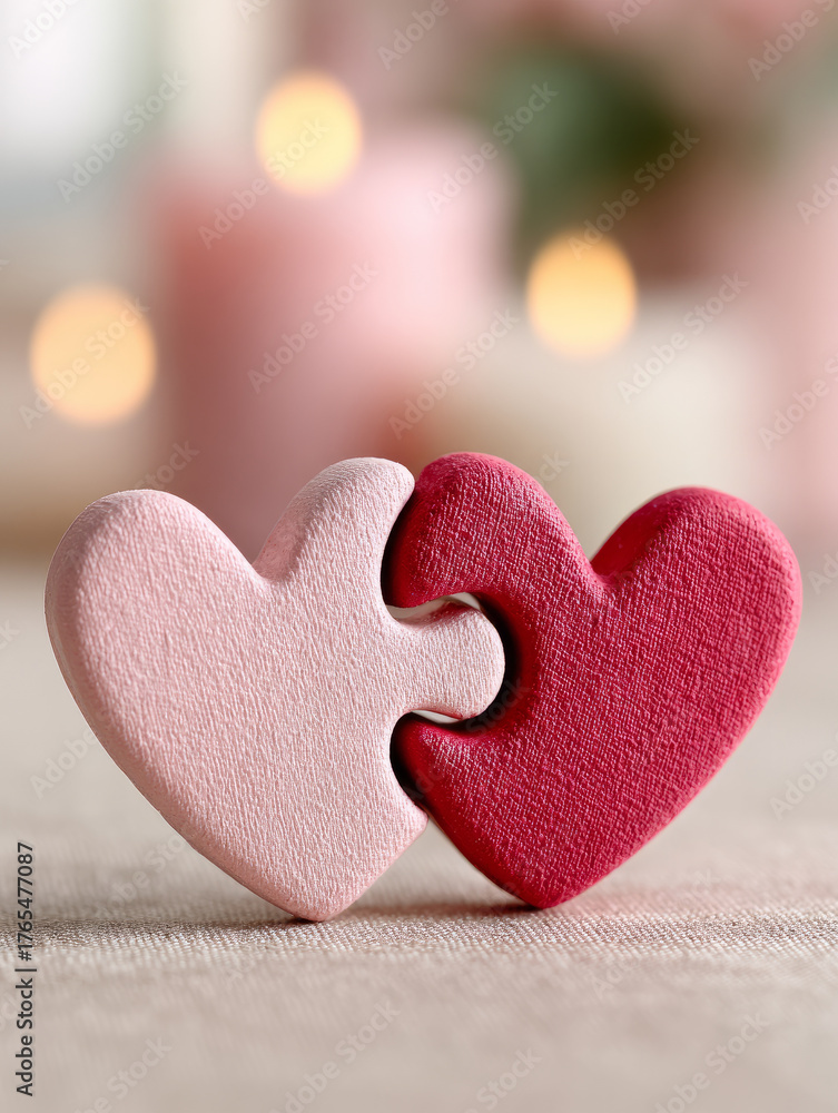 Obraz premium Two interlocking heart-shaped puzzle pieces on a soft background.