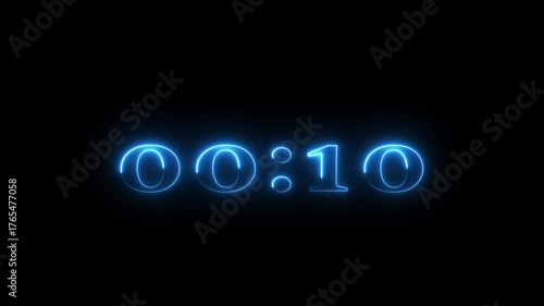 Neon 15 seconds countdown number animation. Countdown timer  animation from 15 to 0 seconds on black background.