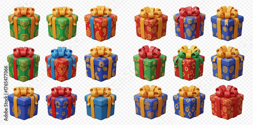 A collection of colorful and decorated gift boxes arranged in rows, each with a unique design and ribbon.