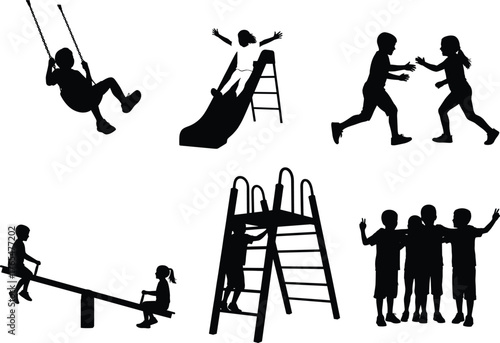 Children playground silhouette, swing slide seesaw climbing running celebrating, cad drawing flat vector illustration, black and white joyful childhood artwork