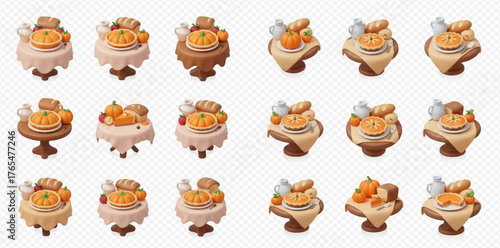 A collection of festive Thanksgiving tables with pumpkin pies and bread.
