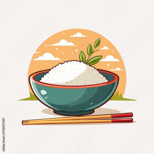 Bol de riz stylisé isolé avec baguettes en design plat