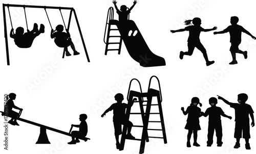 Children playground silhouette, swing slide seesaw climbing running pointing, cad drawing flat vector illustration, black and white joyful artwork