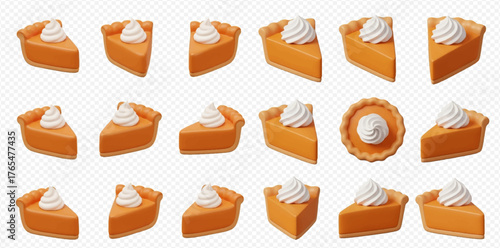 A collection of pumpkin pie slices, some with whipped cream, arranged on a transparent background.