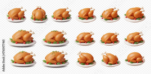 A grid of fifteen roast turkeys on white plates, some garnished with greenery and berries.