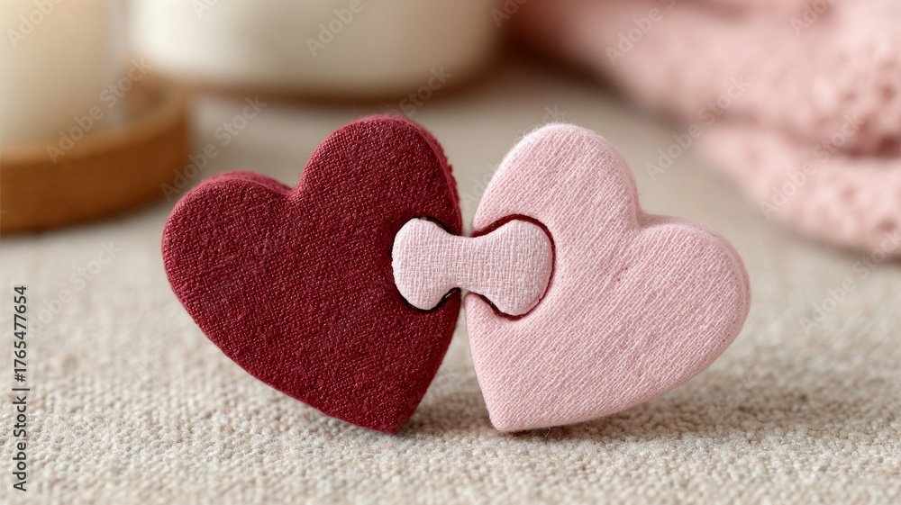 Obraz premium Two interlocking fabric hearts on a textured surface.