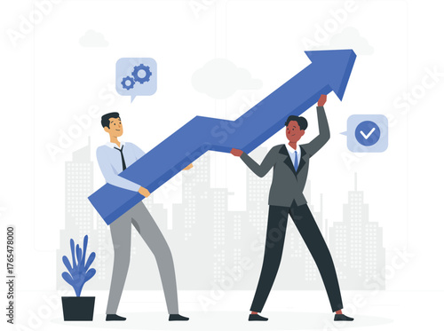 Two businessmen holding up a rising blue arrow graph above city skyline growth success