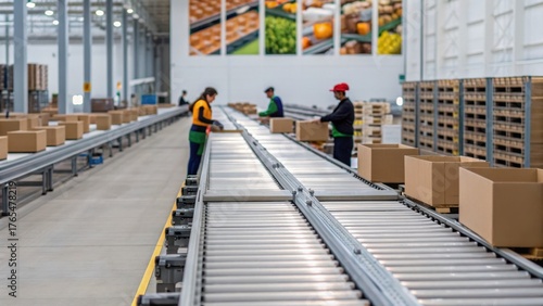 food security solutions Warehouse workers sorting packages on a conveyor belt in a large distribution center.