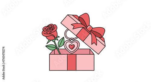 Elegant illustration of a romantic gift box with a blooming red rose and a heart-shaped locket, symbolizing love, affection, and special moments