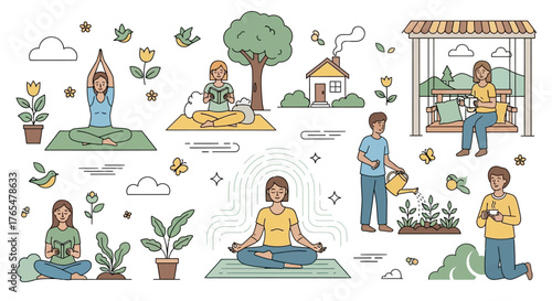 Collection of people practicing mindfulness and enjoying relaxing hobbies in nature for mental well--being