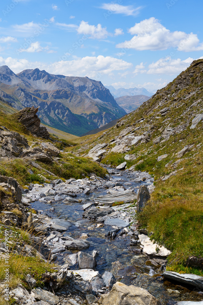 Fototapeta premium Mountain stream flows through rocky alpine landscape