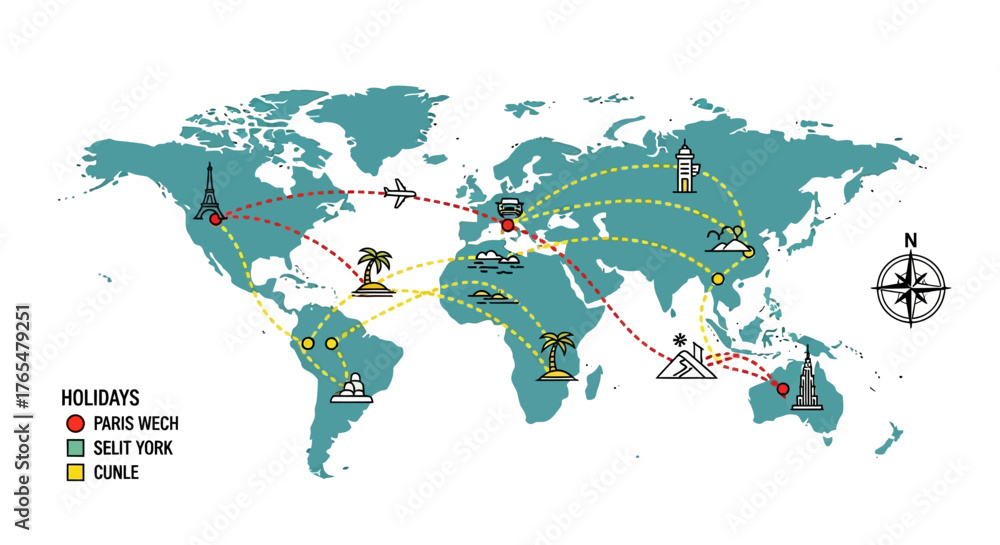 Naklejka premium Travel Holiday Destinations World Map with Routes and Landmarks Adventure Journey Concept