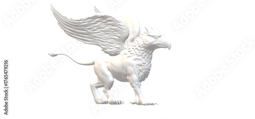 Elegant white griffin statue with majestic wings standing proudly against a stark in a studio setting showcasing mythical creature art