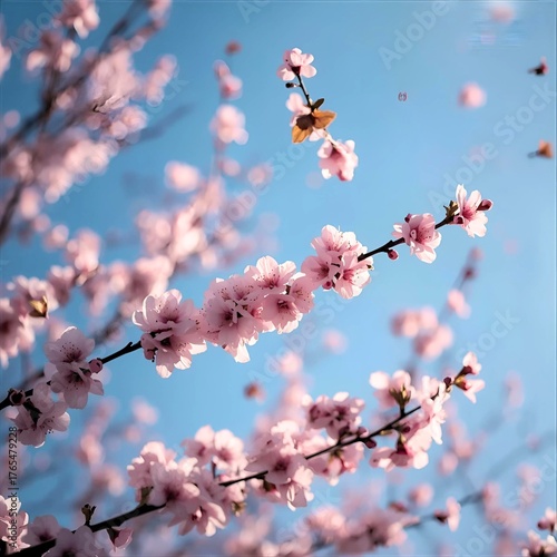 The pink color of the cherry blossoms blends with the bright blue sky, creating a perfect natural harmony.