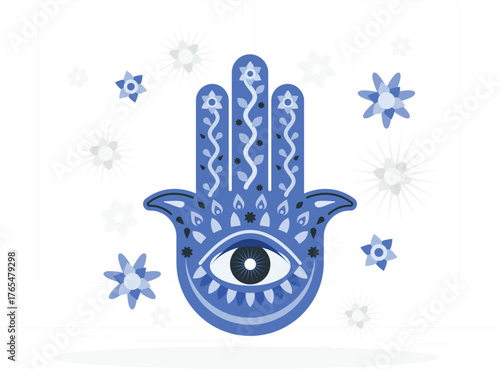 Blue Hamsa Hand symbol with eye and floral patterns surrounded by decorative starbursts and flowers evil eye