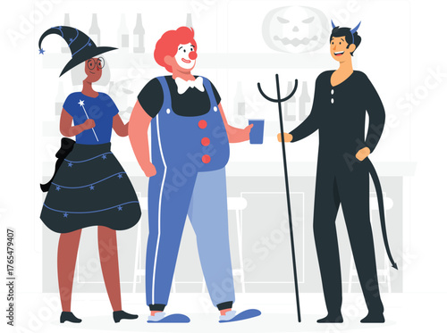 People In Halloween Costumes At A Party vector