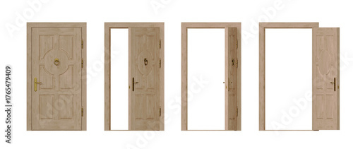 Front view wooden door opening sequence with brass handle 3D rendered isolated set