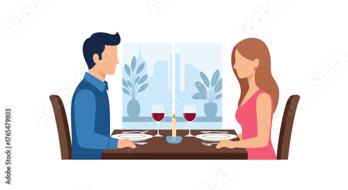 A man and a woman share a romantic dinner with red wine at a restaurant table by a window