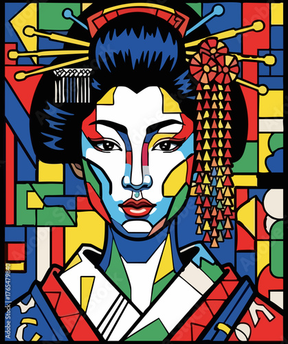 Colorful geisha portrait with geometric shapes design