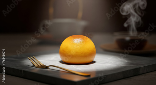 Single Custard Manju Bun on Marble Plate with Golden Fork