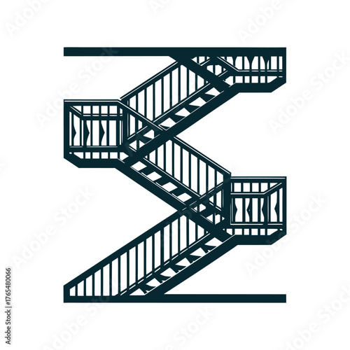 Charcoal Fire Escape Silhouette on White A charcoal gray fire escape zigzags on a slate field
