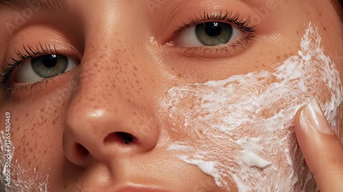 Woman applying facial cleanser for skincare routine