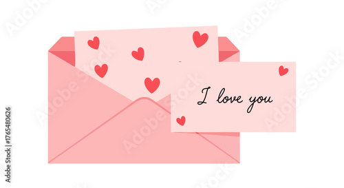 A pink envelope with a card inside that says 'I love you' and is decorated with hearts