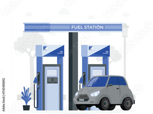 Gray Car at Fuel Station with Two Pumps and Sign gas station automobile